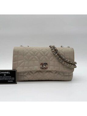 Chanel Large Shoulder Bag Flower Stitch CC Logo Turnlock Silver Chain Gray